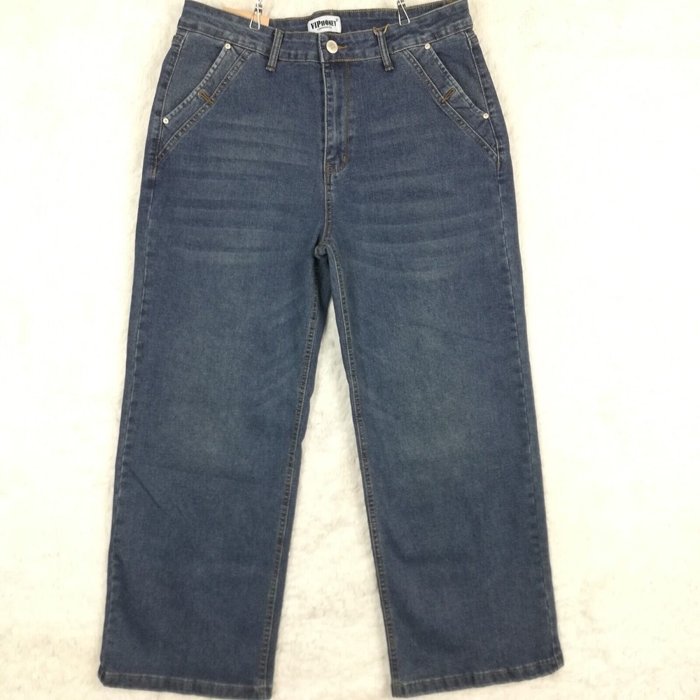 Vip Honey Womens Jeans Straight Leg Blue Denim Whiskering High Rise Plus 2XL New